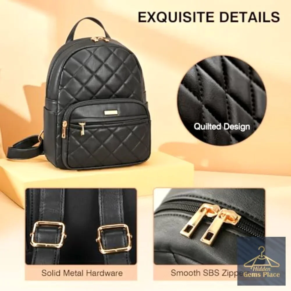 Mini Vegan Leather Backpack with Quilted Design, Adjustable Strap, Multiple